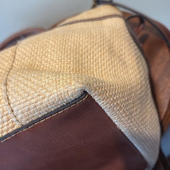 Fossil  straw satchel  Crossbody bag embroidered/beads tan/brown leather trim - Picture 15 of 17